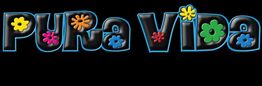 Scritta "Pura Vida" con fiori colorati tra le lettere su sfondo nero.