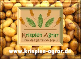 Logo von Krispien Agrar auf Kartoffelhintergrund, mit Slogan und Website-Adresse.