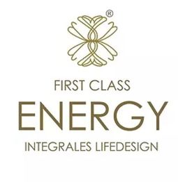 Logo mit abstraktem Symbol, Text: "First Class Energy, Integrales Lifedesign".