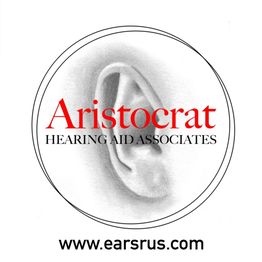 Logo of Aristocrat Hearing Aid Associates featuring an ear illustration and URL: earsrus.com.