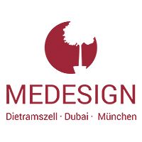 Logo von MEDESIGN mit Baum, Städtenamen: Dietramszell, Dubai, München, roter Halbkreis.