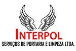 Logo da Interpol com asas e texto: "Serviços de Portaria e Limpeza Ltda" em preto e vermelho.