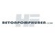 Logo van "betonpomp huren" met grijze tekst en achtergrondletters "HF".