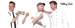 Drei Männer in Berufsbekleidung: ein Barkeeper mit Shaker, zwei Köche. Logo oben rechts.