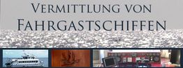 Banner mit Text: "Vermittlung von Fahrgastschiffen" und Bildern von Schiff und Schiffsinterieur.