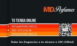 Tarjeta de presentación de MD Perfumes con contacto, QR y fragancias a 10€ (100ml).