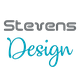 "Logo mit Schriftzug 'Stevens Design', oberer Schriftzug grau, unterer türkis in Kursivschrift."