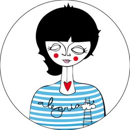 Dibujo de persona con camiseta de rayas, corazón en el cuello y la palabra "alegría".