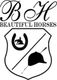 Wappen mit Pferd, Reiter, Hufeisen, Helm und "Beautiful Horses"-Text.