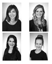 Schwarz-weiß Porträts von acht Frauen in zwei Reihen, alle lächeln und tragen schwarze Kleidung.