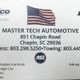 Business card for Master Tech Automotive with contact info and a small U.S. flag graphic.