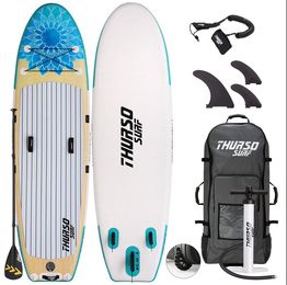 Thurso Surf paddleboard set with accessories including fins, pump, paddle, and backpack.