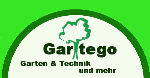 Logo mit Baumgrafik, Text "Gartego - Garten & Technik und mehr" auf grünem Hintergrund.