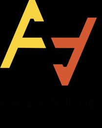 Logo mit gelbem "A" und rotem "J" auf schwarzem Hintergrund, Text "coaching" darunter.
