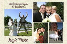 Collage von Hochzeitsfotos mit glücklichen Paaren und einem Kind, Schriftzug: "Magic Photo".