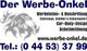 „Der Werbe-Onkel“ Logo mit Adler, Kontaktinfos und Dienstleistungen für Fahrzeugbeschriftung.