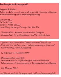 Roter Flyer für psychologische Beratung mit Kontaktinfos und Leistungsübersicht.