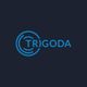 Blaues "TRIGODA"-Logo mit kreisförmigen Linien auf dunklem Hintergrund.