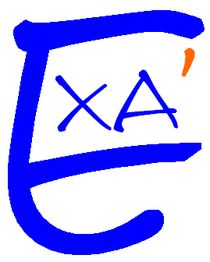 Symbole bleu en forme de E stylisé avec "XA" écrit à l'intérieur en bleu et un accent orange.
