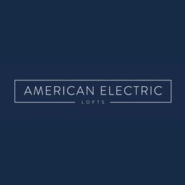 Logo displaying "American Electric Lofts" on a dark blue background in simple, white font.