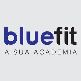 Logo "bluefit" com texto "A sua academia" em fundo cinza.