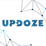 Texte "UPDOZE" en bleu sur fond blanc avec motif de lignes et points bleus.