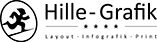 Logo mit laufender Figur und Text „Hille-Grafik, Layout – Infografik – Print“.
