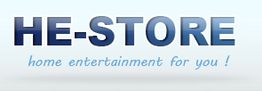 HE-STORE-Logo mit Slogan "home entertainment for you!" in blauer Schrift auf hellem Hintergrund.