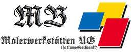 Logo mit Schriftzug "MZ Malerwerkstätten UG" und farbigen Quadraten in Gelb, Blau, Rot.