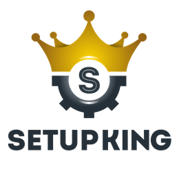 Schwarzes Zahnrad mit gelber Krone und Buchstabe "S". Darunter der Text "SETUP KING".