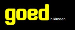 Gele tekst "goed" met kleinere witte/zwarte tekst "in klussen" op zwarte achtergrond.