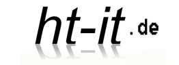 Schwarzer Schriftzug "ht-it.de" auf weißem Hintergrund mit glänzender Spiegelung unten.