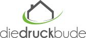 Logo mit Haus-Symbol und Text "diedruckbude", grüner Bogen darunter.