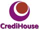 Logotipo de CrediHouse: círculo morado con centro rojo y texto en morado debajo.