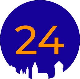 Zahl 24 in Orange auf blauem Kreis, darunter schwarze Stadtsilhouetten.