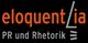 Logo mit Schriftzug "eloquentia PR und Rhetorik" in Orange und Grau auf schwarzem Hintergrund.
