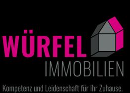 Logo von Würfel Immobilien mit Hausgrafik und Slogan: "Kompetenz und Leidenschaft für Ihr Zuhause."