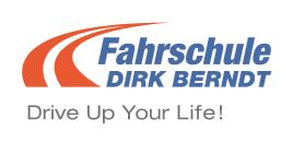 Logo der Fahrschule Dirk Berndt mit Slogan "Drive Up Your Life!" und gekrümmten Straßenlinien.