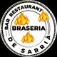 Logotipo circular de "Brasería Bar Restaurant de Sarrià" con llamas decorativas.