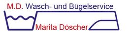 Logo: "M.D. Wasch- und Bügelservice" in Blau und Rot, mit Wäschekorb und Bügeleisen-Symbolen.
