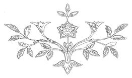 Schwarz-Weiß-Zeichnung einer dekorativen Pflanzenornament mit Blättern und Blüten.