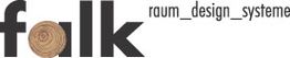 Logo mit Holzscheibe als "a" in "falk", Text: "raum_design_systeme".