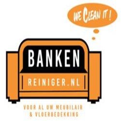 Logo met een oranje bank en tekst: "Banken Reiniger.nl", "We Clean It!", en "Voor al uw meubilair...".