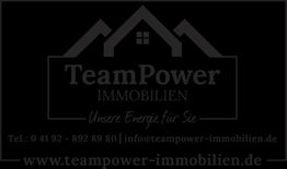 Logo von TeamPower Immobilien mit Kontaktdaten und Slogan "Unsere Energie für Sie".
