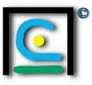 Logo mit blauem 'C', gelbem Punkt und grünem Strich in schwarzem Rahmen, Copyright-Zeichen.