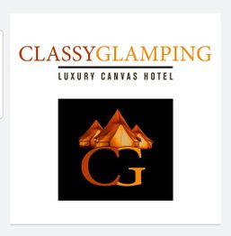 "Classy Glamping logo with luxury tent image and initials CG in orange and black."