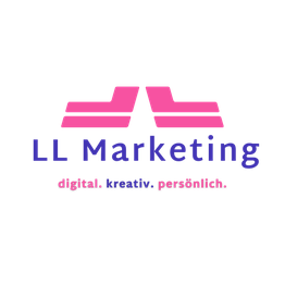 Logo mit Schriftzug "LL Marketing" und Slogan "digital. kreativ. persönlich." in Blau und Pink.