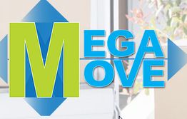 Colorful "Mega Move" logo with green "M" and blue "ega Move" on a geometric blue background.