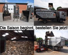 Lkw lädt Brennholz, Holzscheite in Halle. Text: "Die Saison beginnt, bestellen Sie jetzt!"