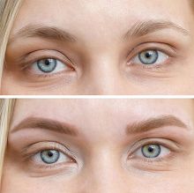 Close-up of blue eyes with thin eyebrows shown before and after thickening.
